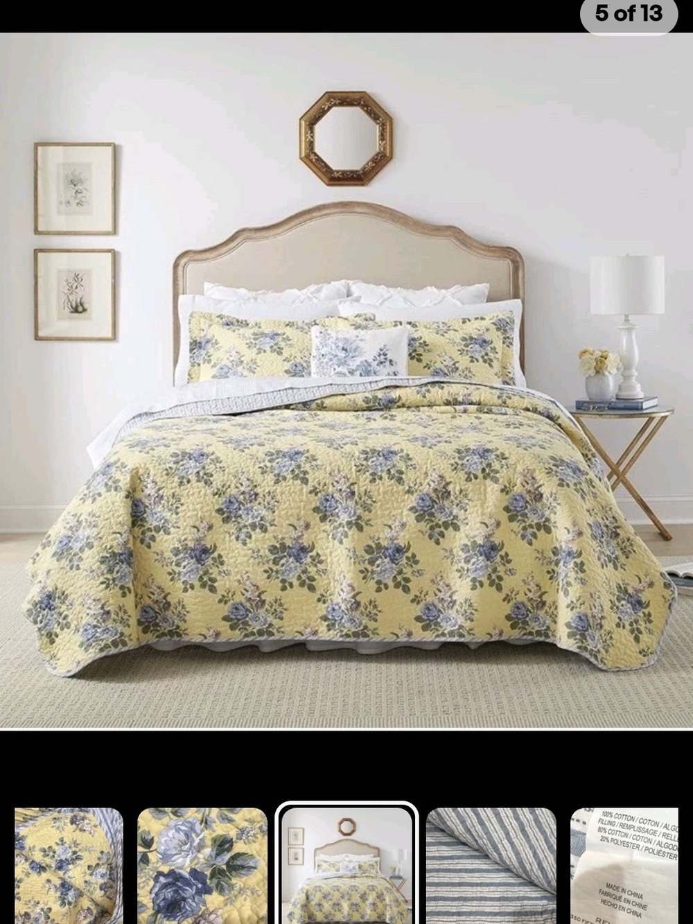 Laura Ashley Yellow and Blue Floral Quilted Bedspread